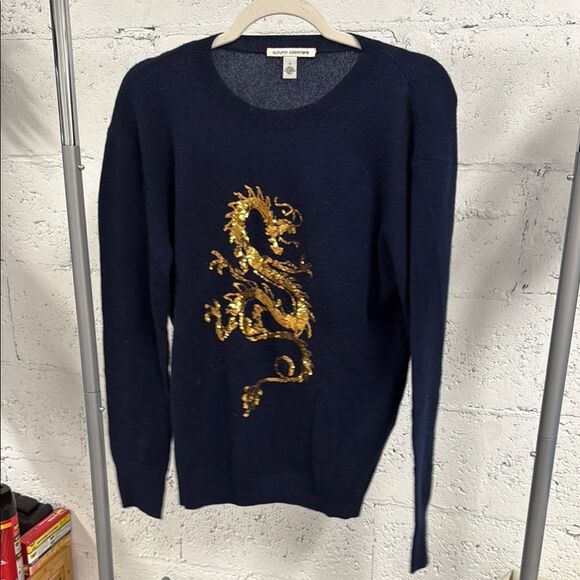 Autumn Cashmere Navy Sweater Gold Sequin Dragon Design - Medium NWOT - Picture 1 of 4